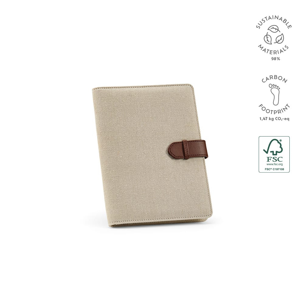 A beige A5 folder made from rCotton with a brown rPU closure, featuring an internal notepad and a logo.