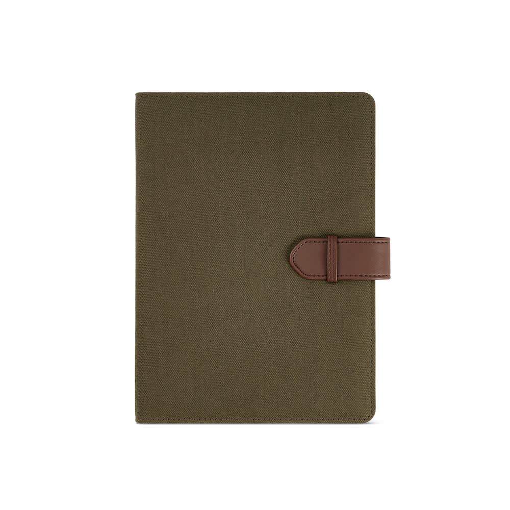 A brown and olive green A5 folder with a rPU closure and a 64 FSC® sheet notepad inside. Contains a logo.
