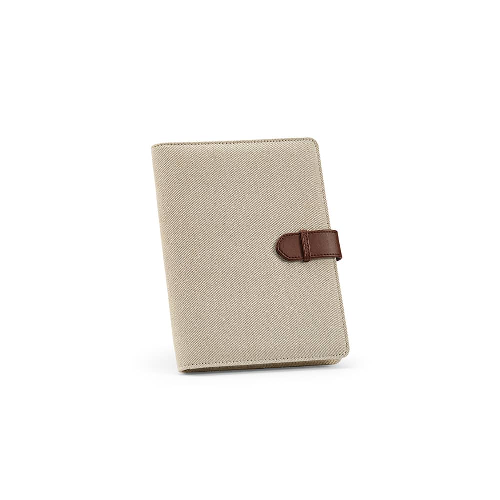 A beige folder with a brown rPU closure, containing a 64-page FSC® notepad and featuring a logo.