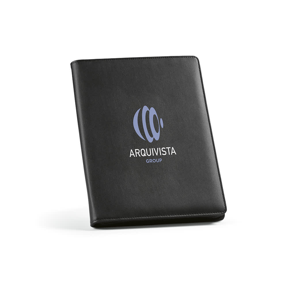 A black A4 folder with a zipper closure and a notepad inside, featuring a logo on the front.