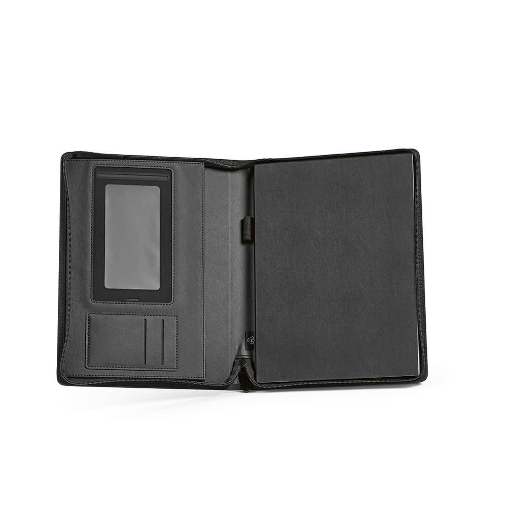A black A4 folder with a zip closure, featuring a transparent pocket and card slots inside.