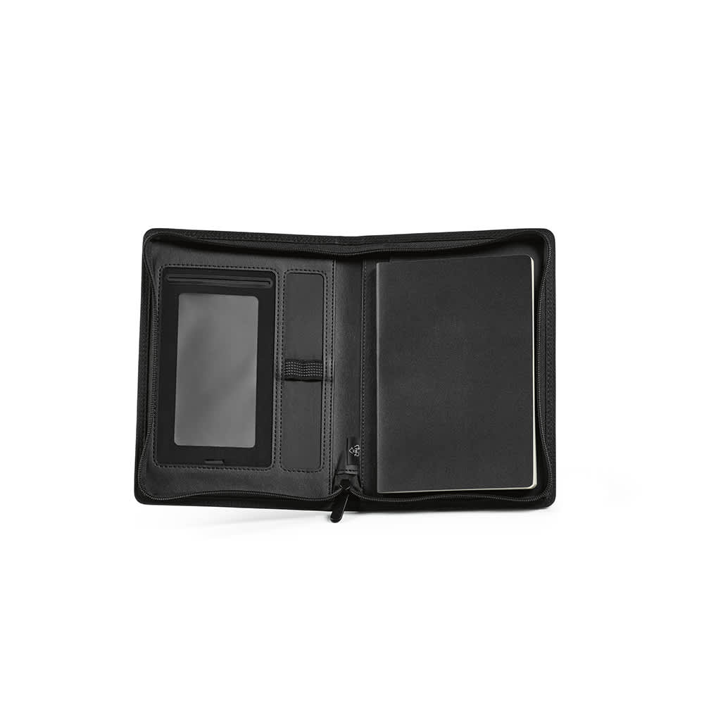 A black folder with a zipper closure, featuring a 64-sheet notepad and a slot for a device. It has a branding logo.