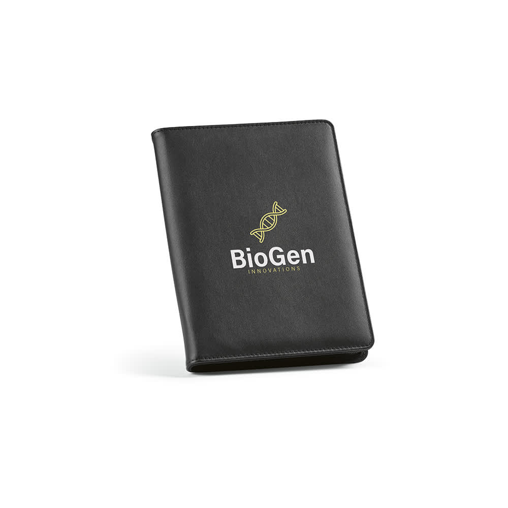 A black folder with a zipper closure, featuring a notepad and a logo on the front.