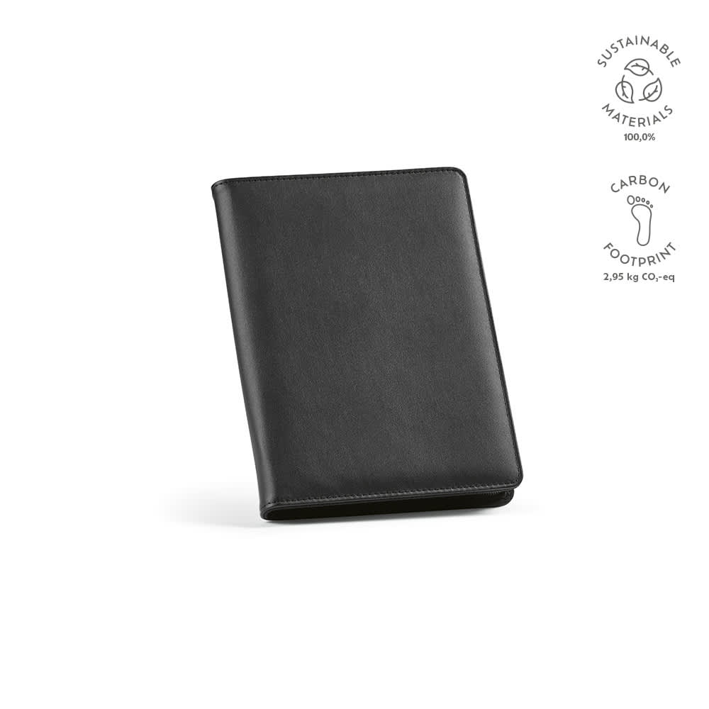 A black A5 folder with a zipper closure and an FSC® sheet notepad inside. Features a logo.