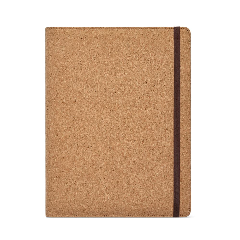 A cork A4 folder with a brown elastic closure, featuring a 64-page FSC® sheet notepad inside.