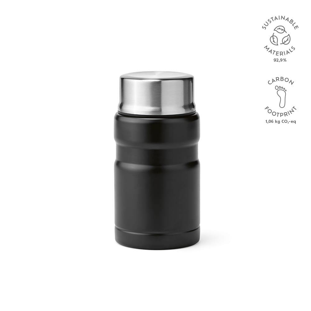 A black food flask with a stainless steel lid, featuring a logo and promotional information about sustainability.