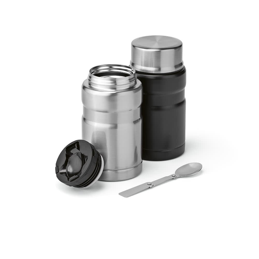 A food flask set featuring a silver and a black flask, each with a screw lid and a foldable spoon.