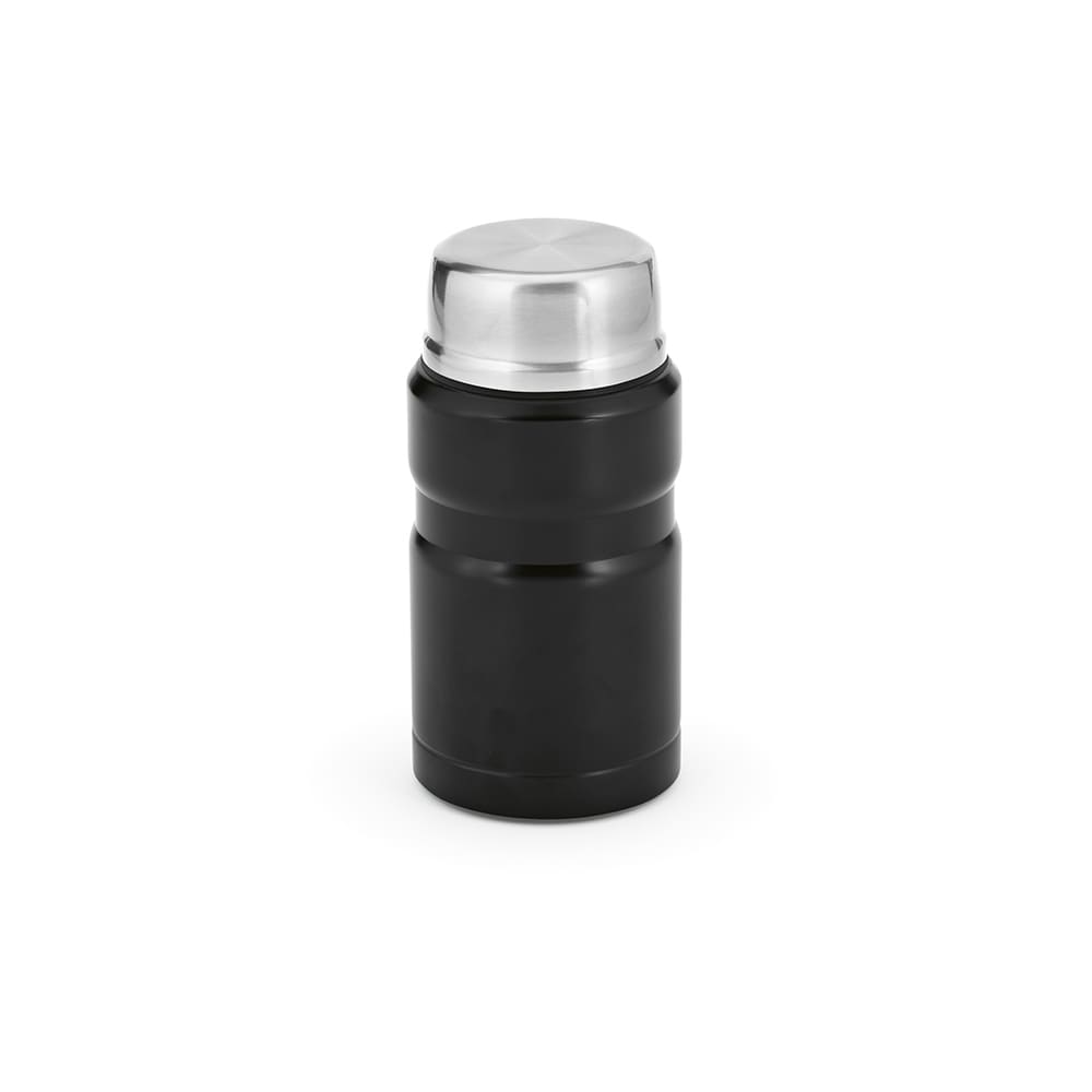 A drink bottle with a stainless steel lid and a matte black body. It has a logo on its surface.