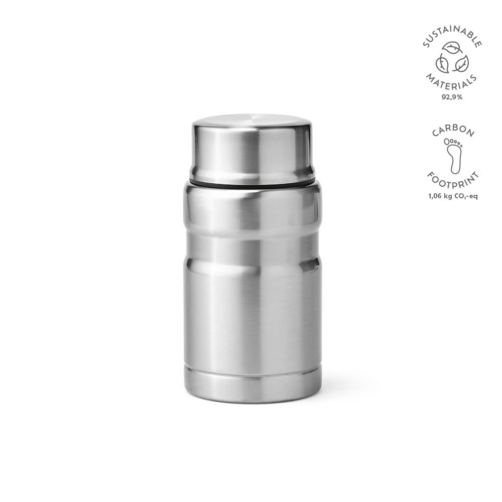A stainless steel food flask with a double-wall design and a foldable spoon. Features a logo.