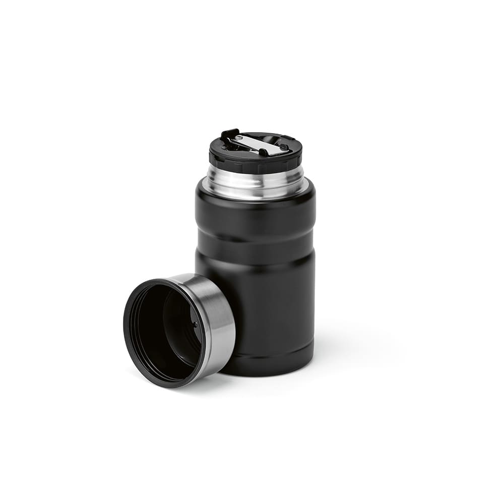 A black food flask with a double wall and a removable lid, accompanied by a foldable spoon. It features a logo.