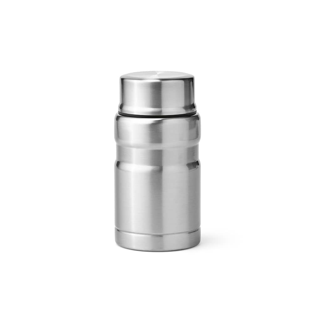 A food flask in stainless steel, featuring a double-wall design and a foldable spoon. It has a sleek, modern shape.