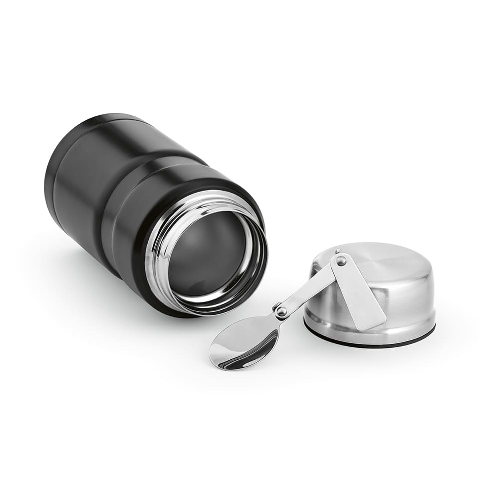 A black food flask with a double wall design and a stainless steel foldable spoon attached to the lid.