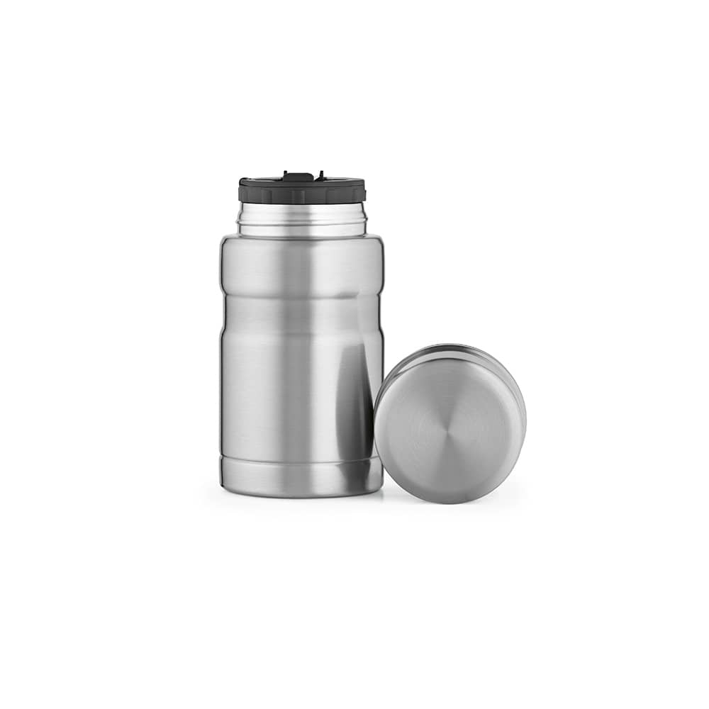 A stainless steel food flask with a black lid, featuring a removable cap for easy access.