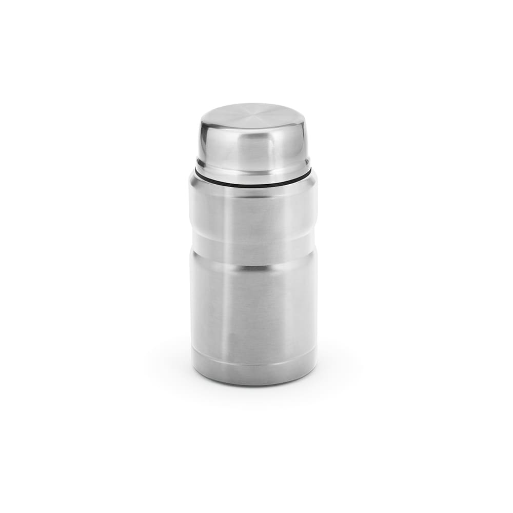 A food flask in stainless steel with a double wall and a foldable spoon included. It has a sleek, shiny finish.