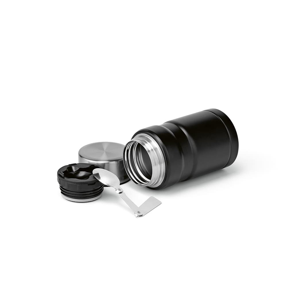 A black food flask with a double wall, a screw-on lid, and a foldable spoon. Includes a silver lid.
