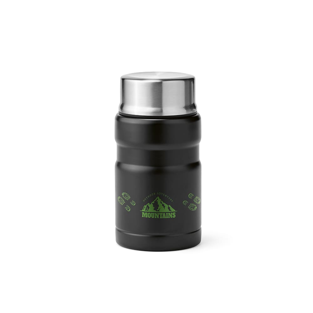 A food flask with a double wall design, featuring a foldable spoon, in black with a green logo.