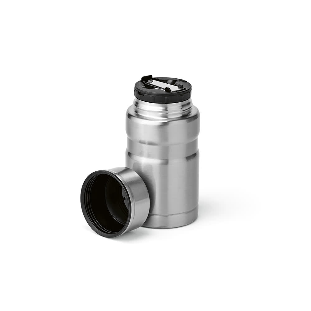 A stainless steel food flask with a black lid, featuring a foldable spoon and a logo.