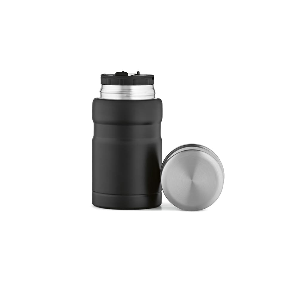 A drink bottle in matte black with a stainless steel lid, featuring a foldable spoon and a brand logo.