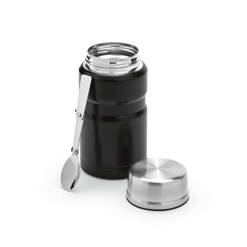 A food flask in black with a stainless steel lid and a foldable spoon attached. It has a logo on the body.