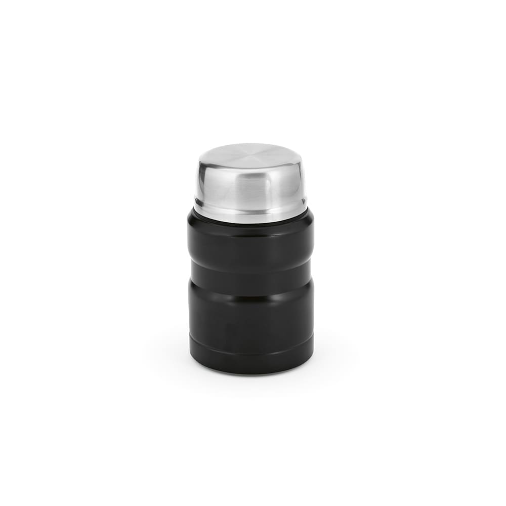 A food flask in matte black with a stainless steel lid, featuring a double wall and a foldable spoon.