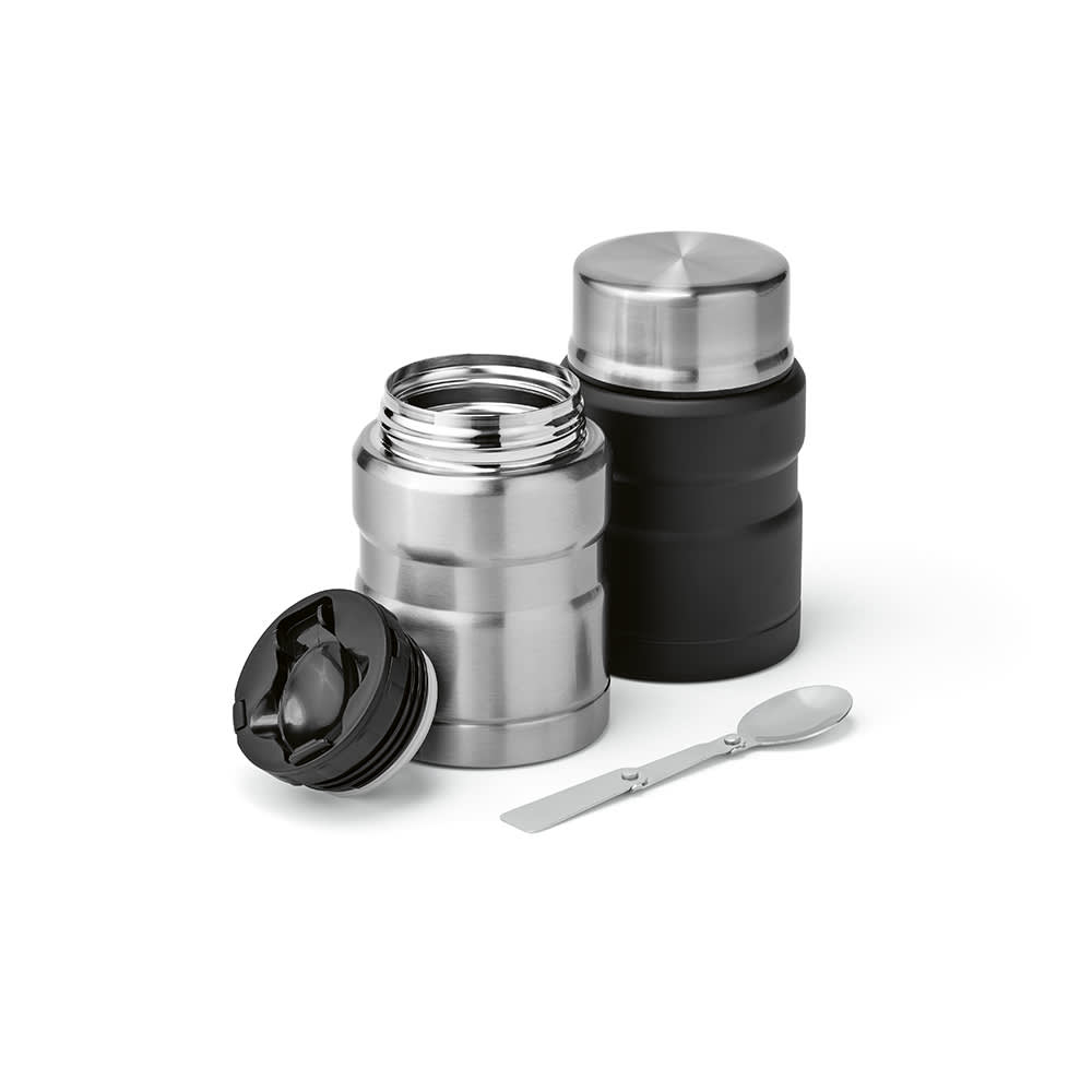 A drink bottle set featuring a stainless steel flask and a black insulated flask with a foldable spoon.