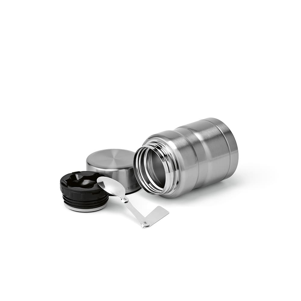A food flask in stainless steel with a black lid, featuring a foldable spoon and an additional lid.
