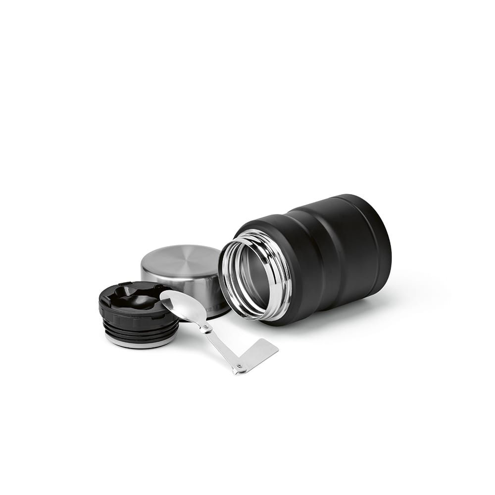 A food flask in matte black with a stainless steel lid and a foldable spoon included. The flask has a logo.