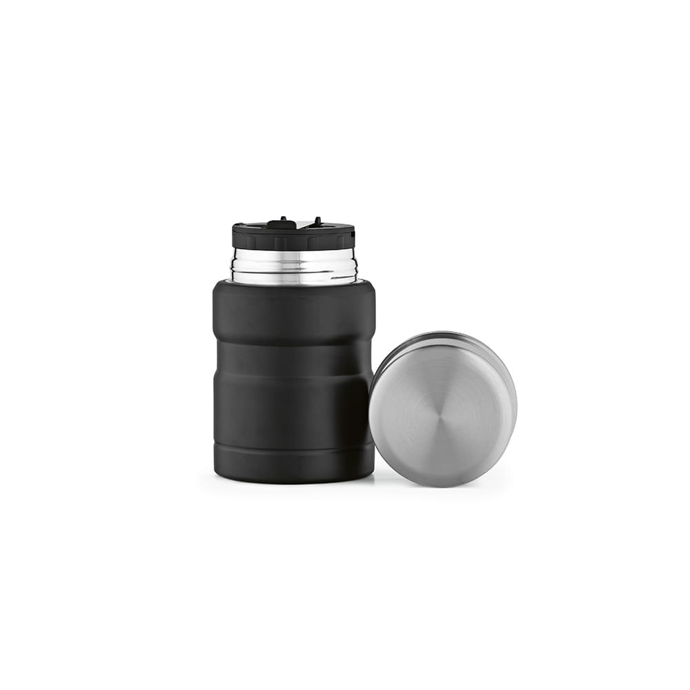 A food flask in matte black with a stainless steel lid, featuring a double wall and a foldable spoon.