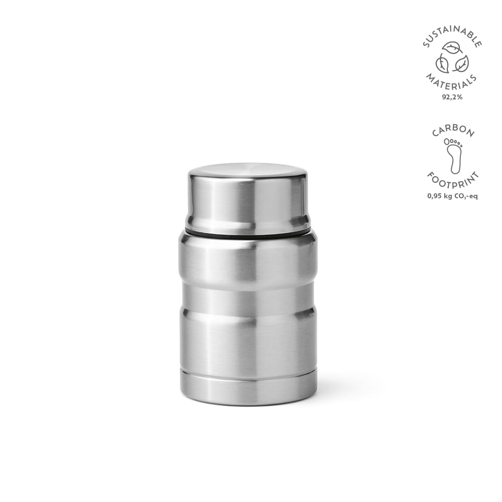 A stainless steel food flask with a double wall design and a foldable spoon. It features a logo.