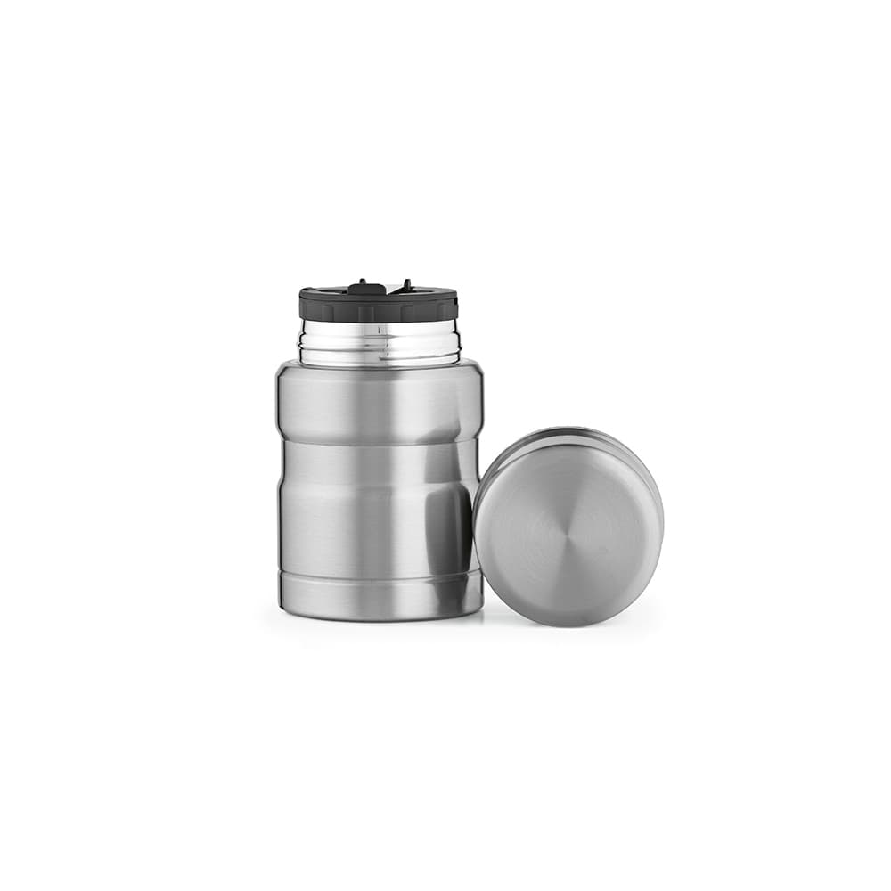 A food flask in silver stainless steel with a black lid, featuring a foldable spoon.