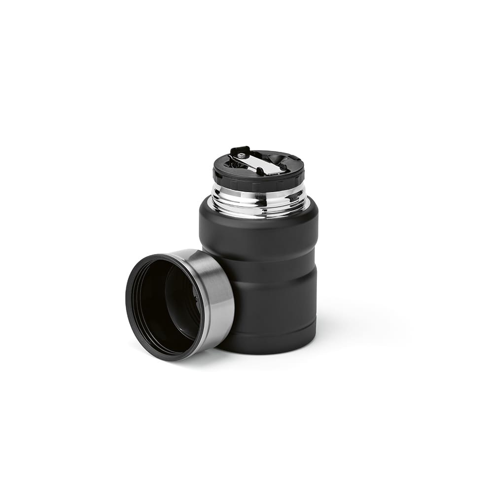 A black double-walled food flask with a stainless steel lid and a foldable spoon beside it.