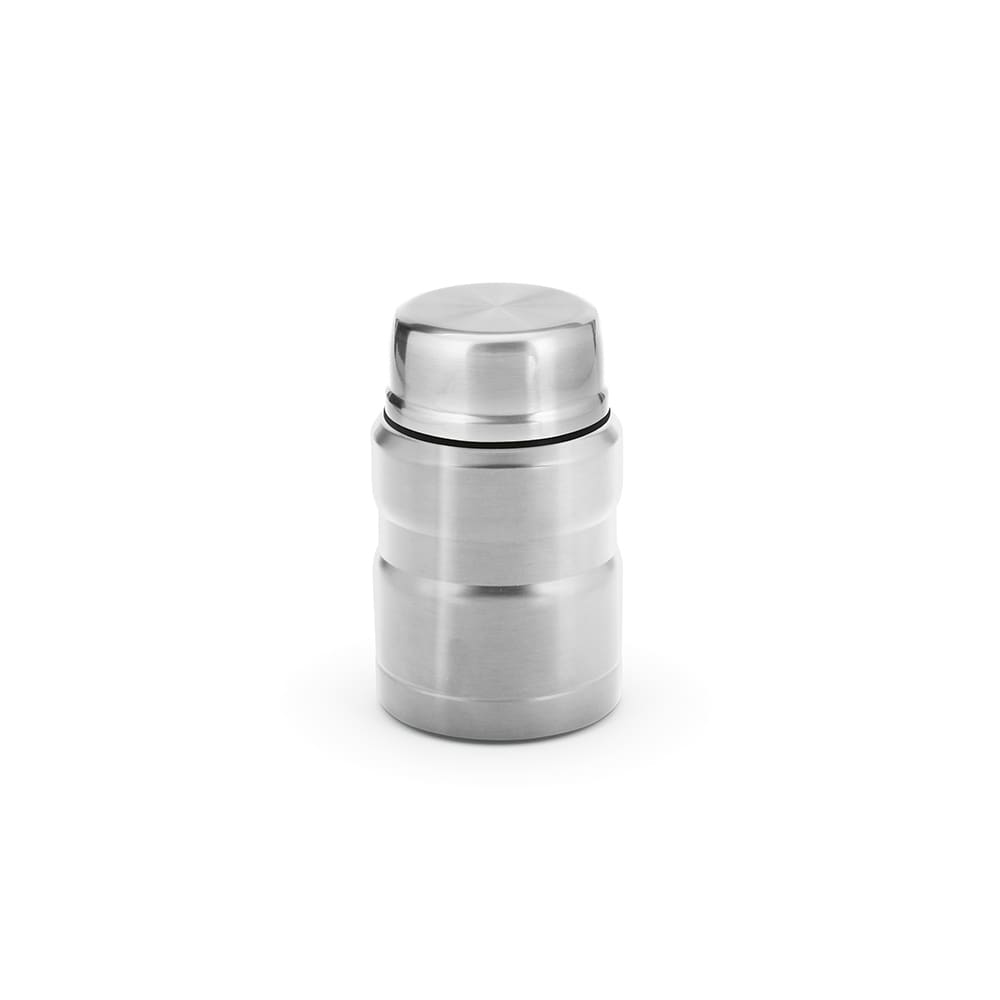 A stainless steel food flask with a double wall design and a foldable spoon included. It has a sleek, modern look.