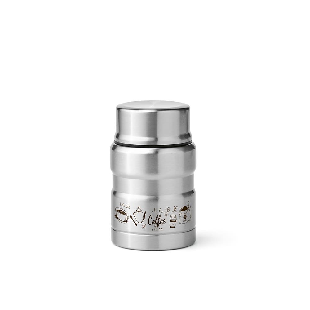 A stainless steel food flask with a double wall and a foldable spoon, featuring coffee-themed illustrations.