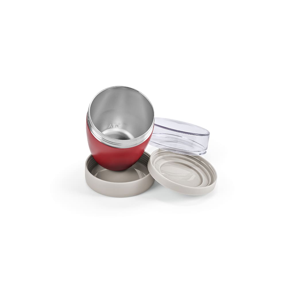 A drink bottle in red with a stainless steel interior and two grey compartments, one being a removable lid.