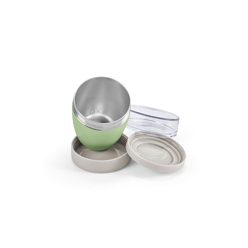 A drink bottle in green with a stainless steel interior, featuring two compartments and a transparent lid.