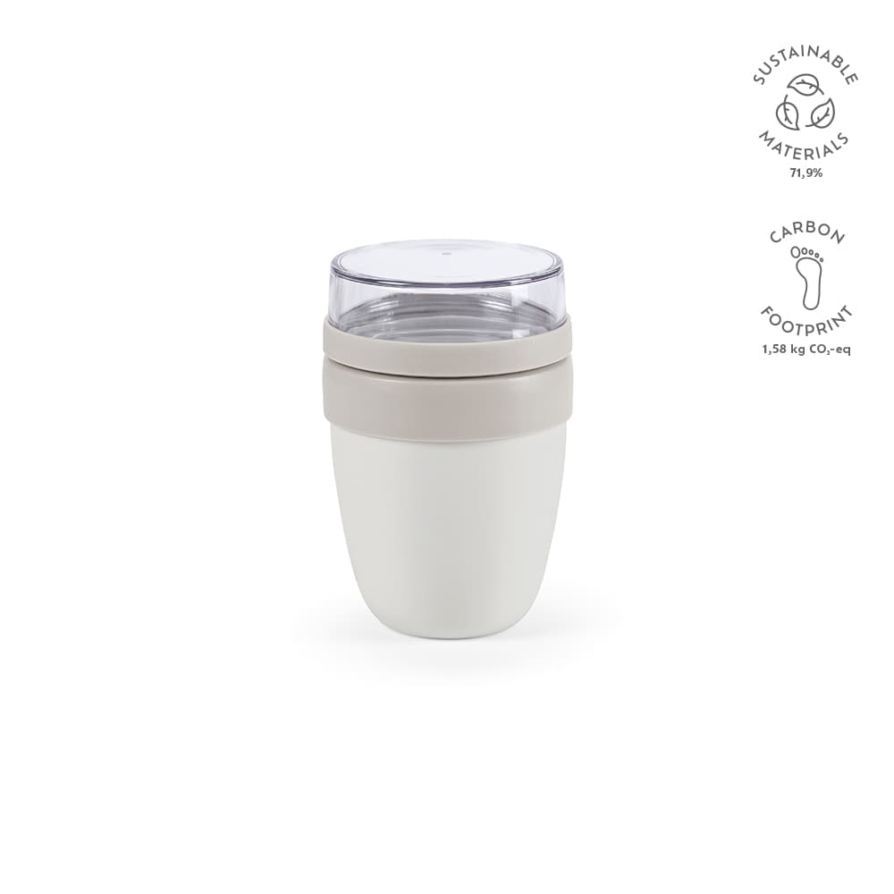 A food flask with two compartments, featuring a white body and clear lid, showcasing sustainable materials.