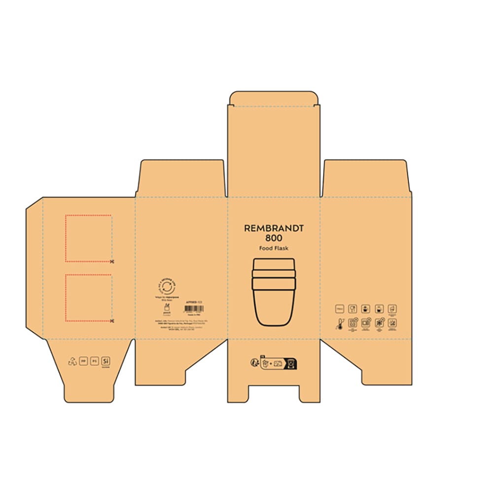 A food flask packaging design featuring a Rembrandt 800 model with two compartments, primarily in brown hues.