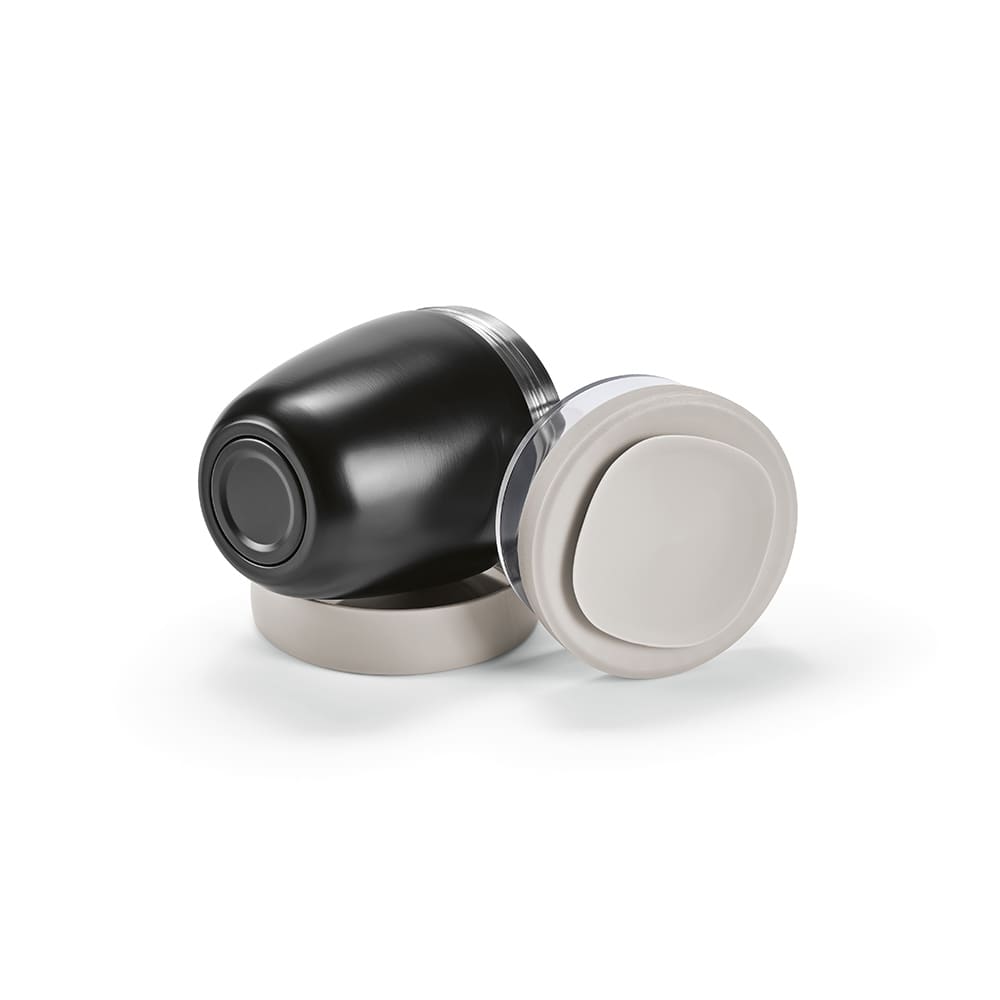 A drink bottle in black with a grey lid and two compartments, featuring a logo.