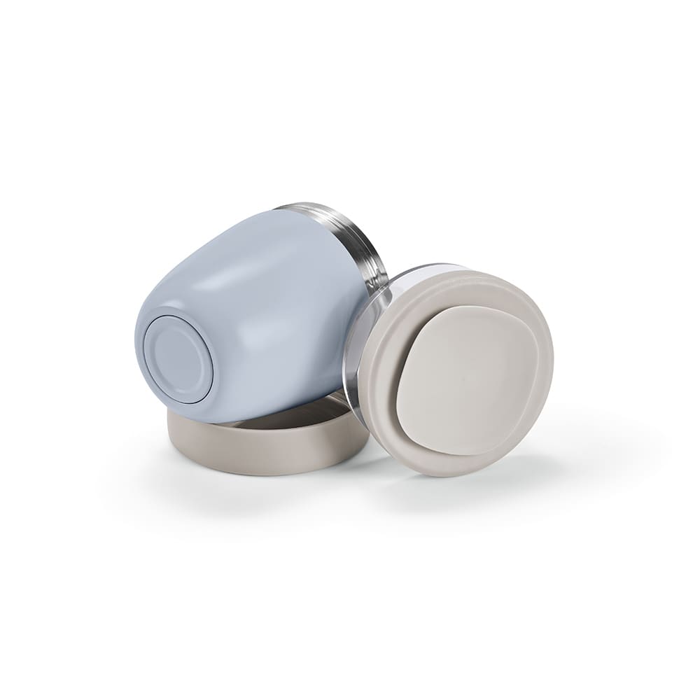 A drink bottle in light blue with a beige cap, featuring two compartments and a logo.