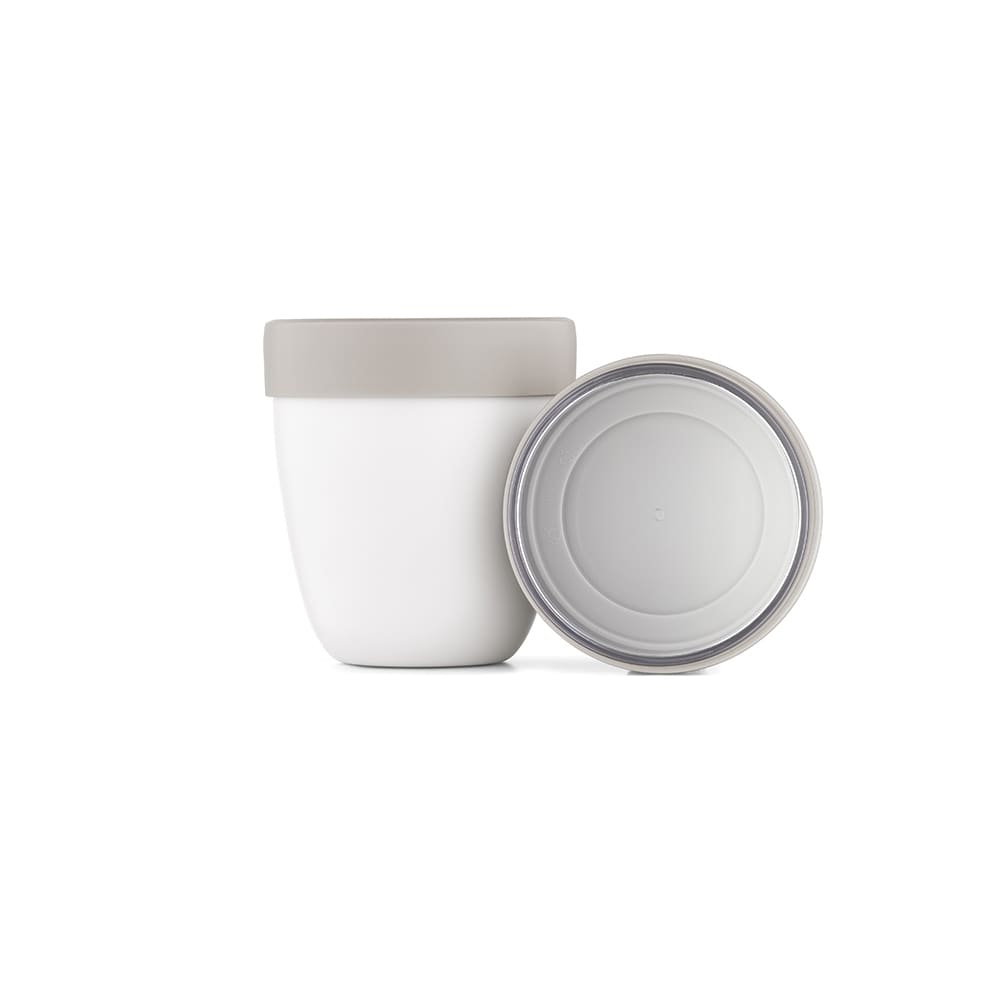 A food flask with a white body and grey lid, featuring two compartments and a sleek design. It has a logo.