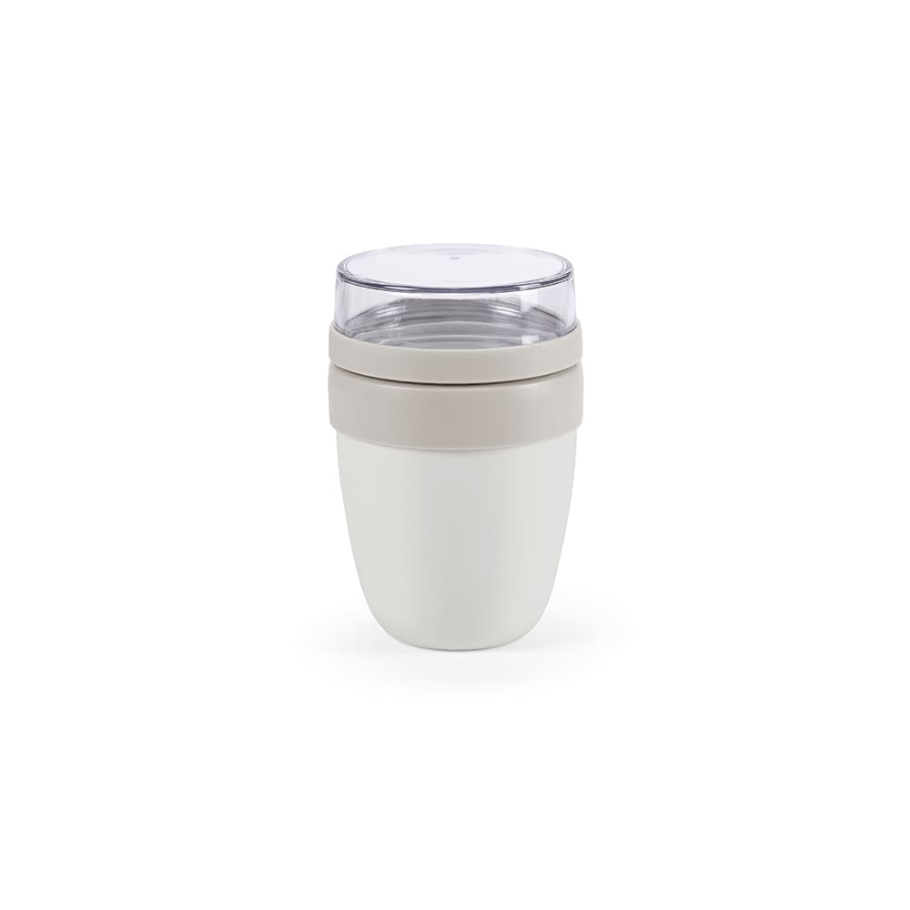 A drink bottle with two compartments, featuring a beige and white design and a clear lid. It has a logo.