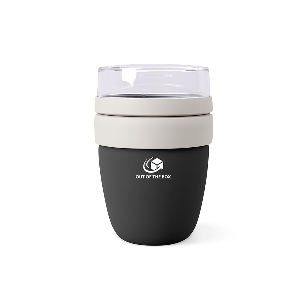 A drink bottle featuring a matte black base with a clear lid and a cream-coloured band. It has a logo on the front.