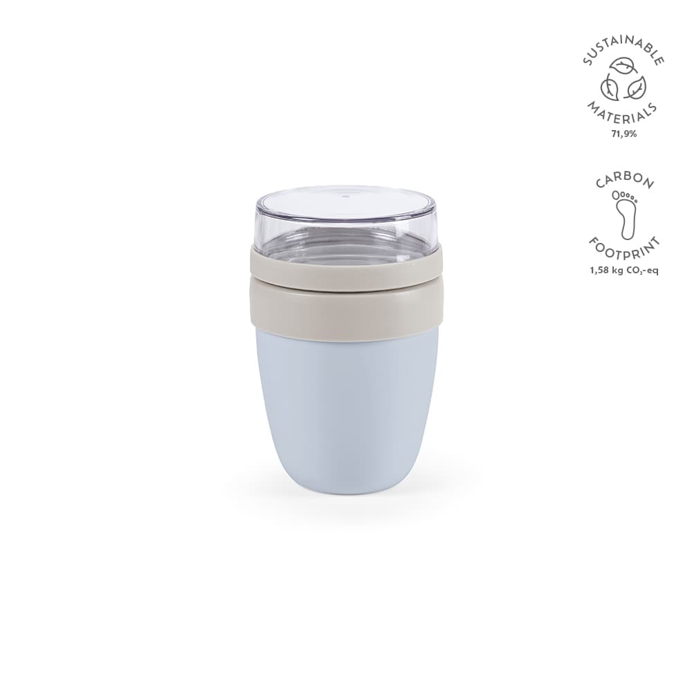 A food flask with two compartments, featuring a light blue body and a transparent lid, with a branding logo.