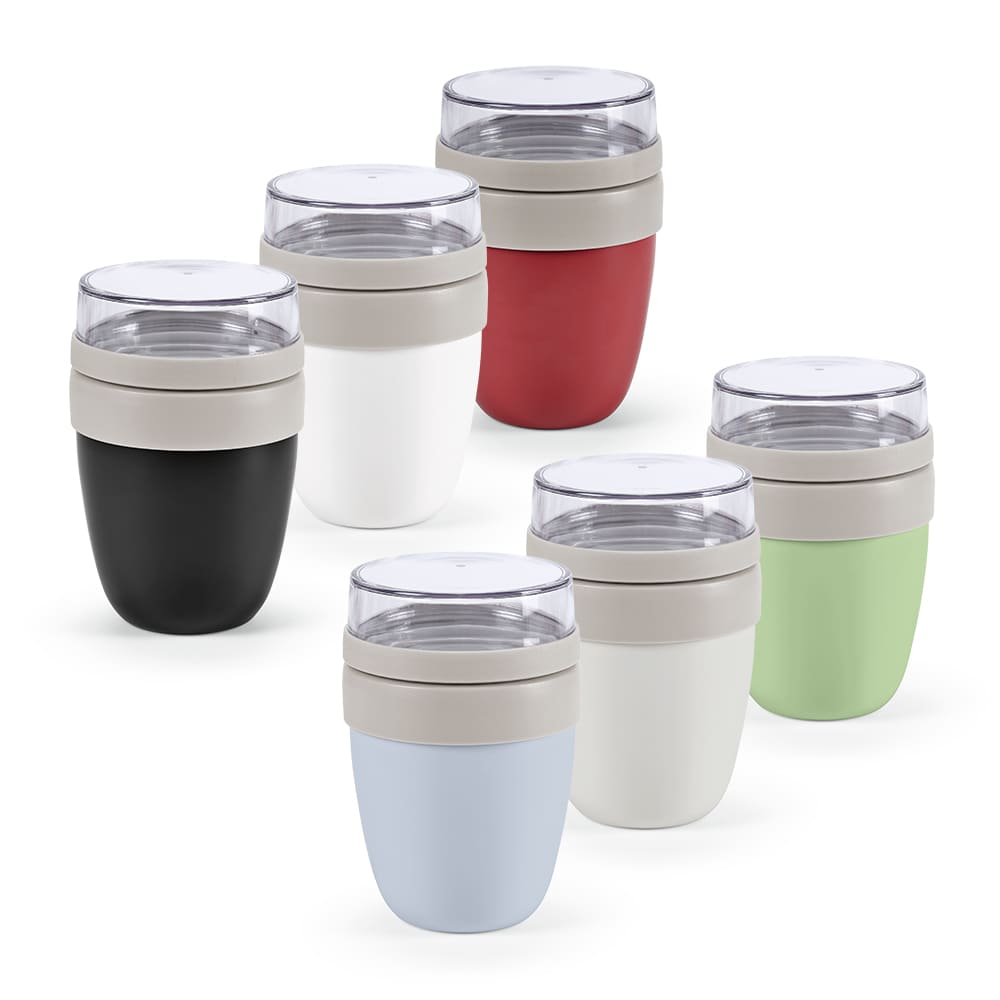 A drink bottle collection featuring six flasks in black, white, red, green, light blue, and cream, each with a clear lid and a logo.