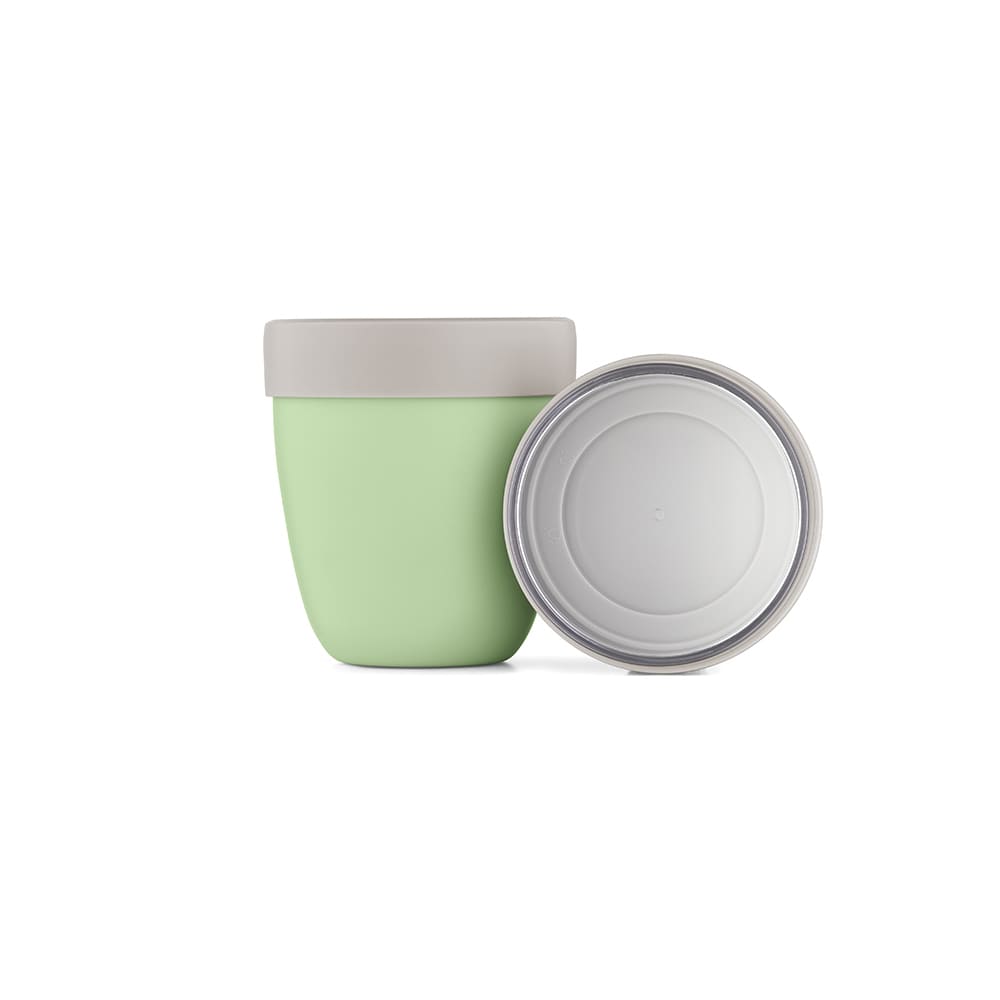 A food flask in green with a grey lid, featuring two compartments for storage. It has a branding logo on it.