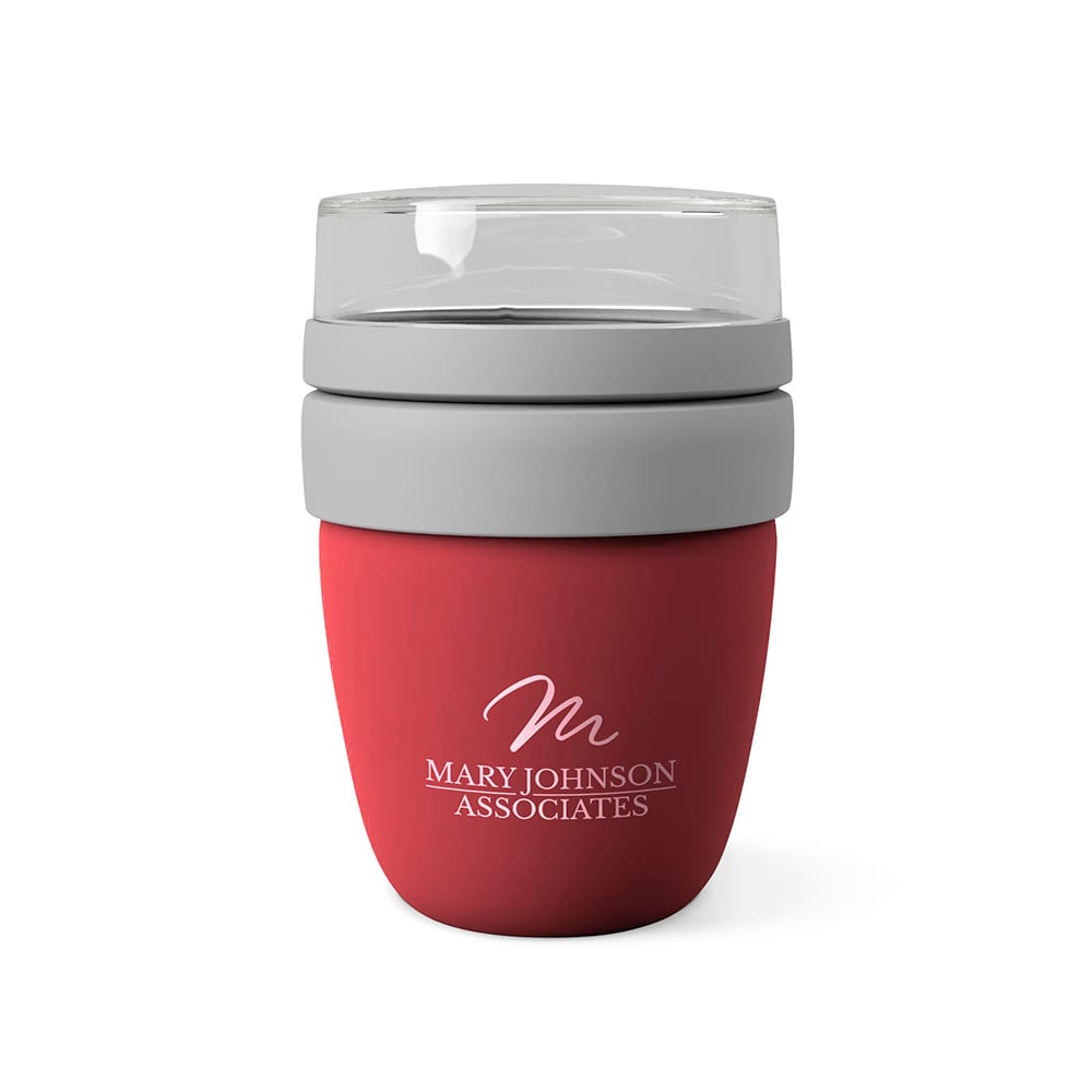 A drink bottle with a red body and grey lid, featuring a clear top and a logo. Suitable for hot or cold beverages.