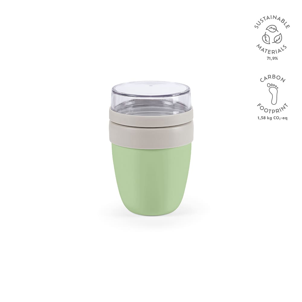 A drink bottle with a light green base and a clear lid, featuring a beige band and a logo. Two compartments are visible.