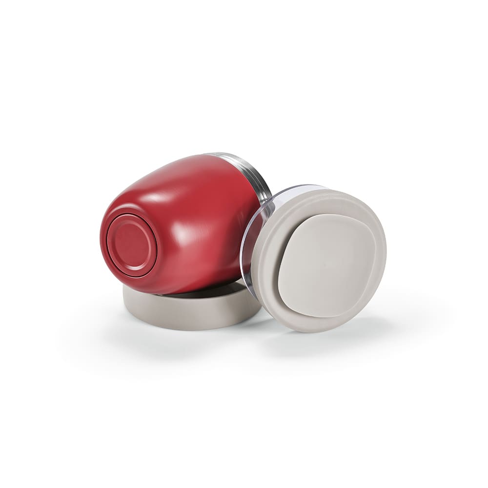 A drink bottle in red with a grey lid, featuring two compartments for storage. It has a logo on the side.