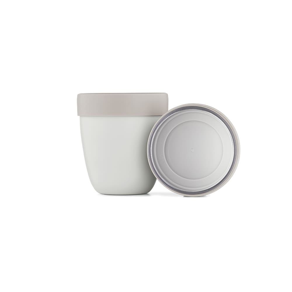 A food flask featuring a two-compartment design, with a white exterior and a light grey lid.