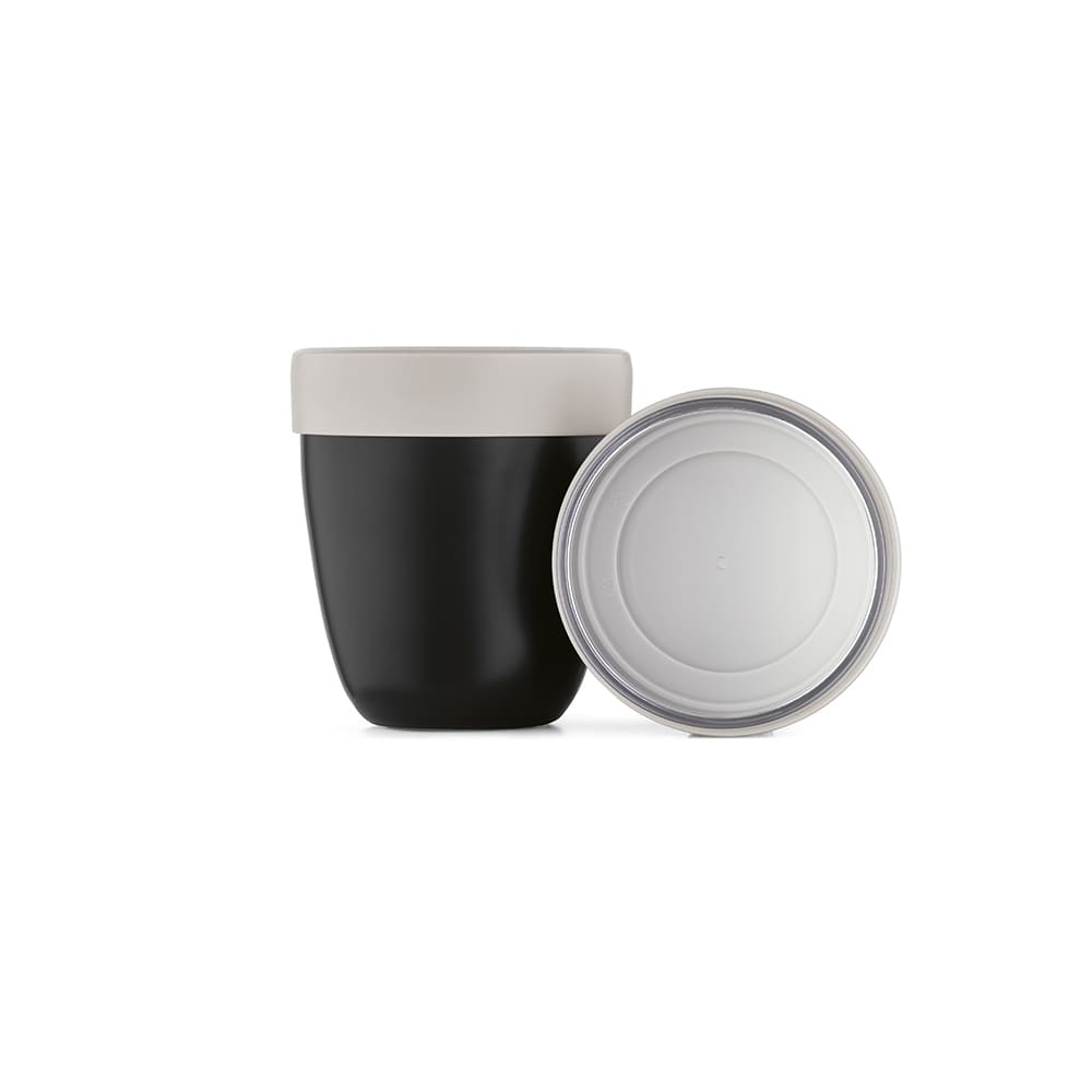 A drink bottle with a black body and a light grey lid, featuring a round base and smooth design. It has a logo.